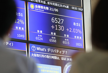 大阪取引所で取り扱いが始まった金先物の価格を表示する電光ボード＝２７日午前、大阪市中央区