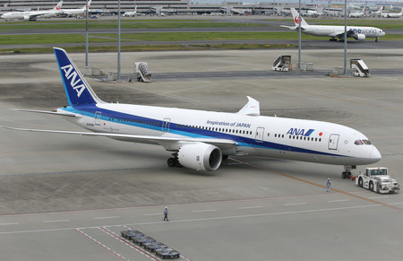 全日本空輸（ＡＮＡ）の米ボーイング中型旅客機「７８７」＝２０１７年６月、東京・羽田空港