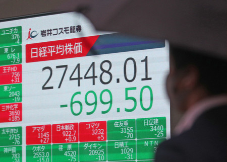 日経平均株価の終値を示す電光ボード＝１３日午後、東京都中央区