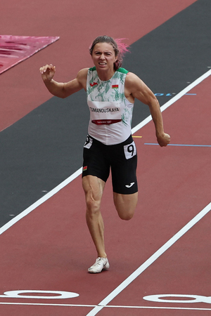 東京五輪陸上女子、ベラルーシのクリスツィナ・ツィマノウスカヤ選手=7月30日(AFP時事)
