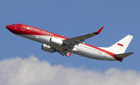 国旗色に塗られたインドネシアの大統領専用機=7月12日撮影(Instagram@adhimas_aviation提供)