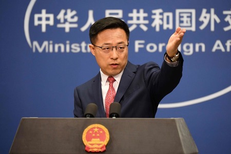 中国外務省の趙立堅副報道局長=2020年4月20日、北京(AFP時事)