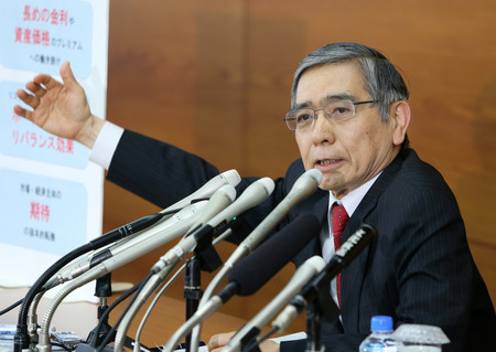 就任後初の金融政策決定会合後、記者会見で質問に答える日銀の黒田東彦総裁=2013年4月4日、日銀本店