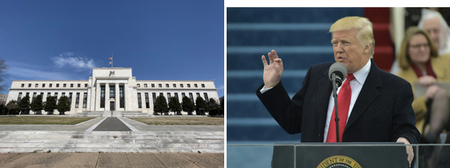 写真左：米連邦準備制度理事会（ＦＲＢ）本部　右：２０１７年１月２０日、就任式で演説するトランプ米大統領（当時）＝ともにワシントン（ＡＦＰ時事）