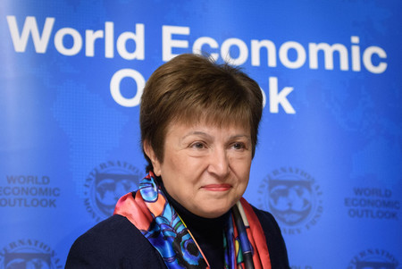 国際通貨基金(IMF)のゲオルギエワ専務理事=2020年1月、スイス・ダボス(AFP時事)