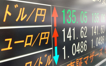 １ドル＝１３５円台に下落した円相場を示すモニター＝１３日午後、東京都中央区