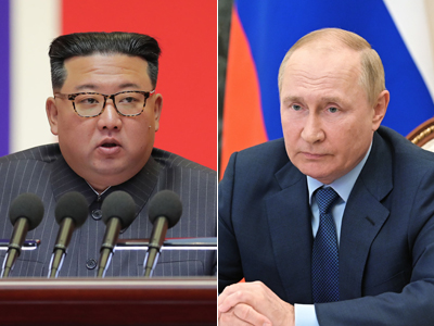北朝鮮の金正恩朝鮮労働党総書記（写真左、朝鮮通信・時事）とロシアのプーチン大統領（ＥＰＡ時事）