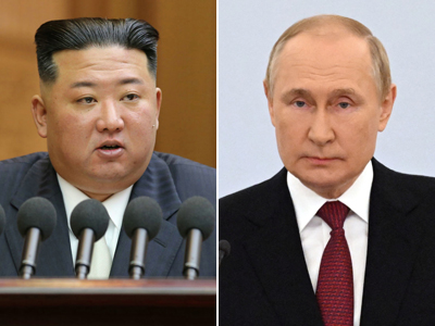 北朝鮮の金正恩総書記(写真左、朝鮮通信・時事)とロシアのプーチン大統領(AFP時事)