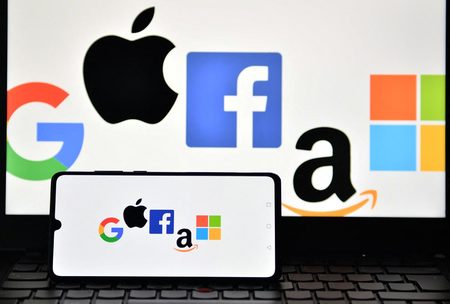 巨大IT企業グーグル、アップル、フェイスブック、アマゾン、マイクロソフトのロゴ(AFP時事)