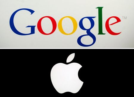 米グーグル（上）とアップルのロゴ（ＡＦＰ時事）