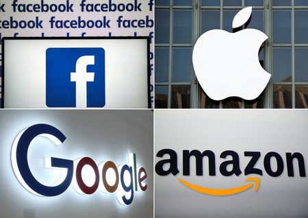 米メタ（旧フェイスブック）（左上）、アップル（右上）、グーグル（左下）、アマゾン・ドット・コム（右下）のロゴ（ＡＦＰ時事）
