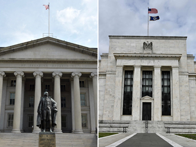 米財務省（写真左）と連邦準備制度理事会（ＦＲＢ）本部（いずれもＡＦＰ時事）