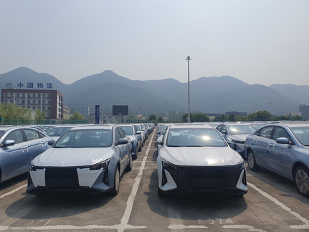 中国・重慶市の物流拠点に並ぶ輸出用の電気自動車（ＥＶ）＝４日