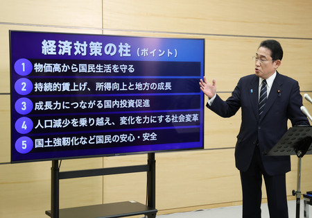 新たな経済対策の「柱立て」について説明する岸田文雄首相＝２５日午後、首相官邸