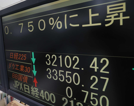 長期金利が一時０．７５０％に上昇したことを伝えるモニター＝２８日午前、東京都中央区