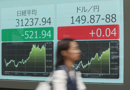 日経平均株価の終値（左）と１ドル＝１４９円台後半の円相場を示すモニター＝３日午後、東京都中央区