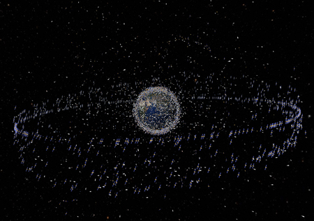 地球周辺軌道上を周回する追跡可能な物体（宇宙ごみ）のコンピューター画像＝欧州宇宙機関（ＥＳＡ）提供（ＡＦＰ時事）