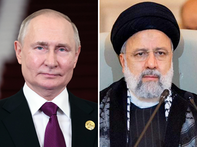 ロシアのプーチン大統領（写真左、ＥＰＡ時事）とイランのライシ大統領（ＡＦＰ時事）