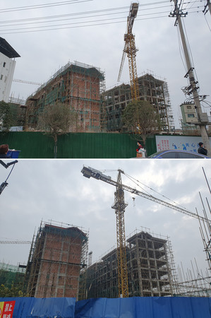 中国四川省資陽市のマンション建設現場。上は２０２３年２月、下は２４年１月撮影。工事はほとんど進んでいない