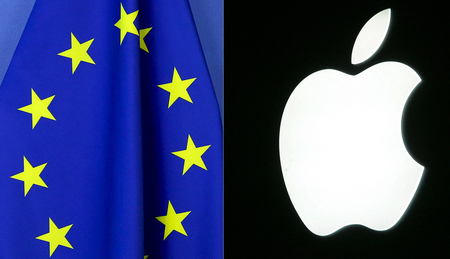 欧州旗（左）と米アップルのロゴ（ＡＦＰ時事）