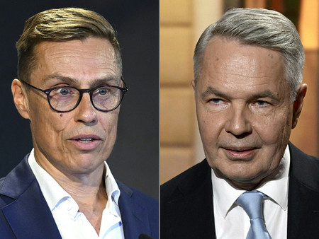 フィンランド大統領選候補のストゥブ元首相（左）とハービスト前外相（ＡＦＰ時事）