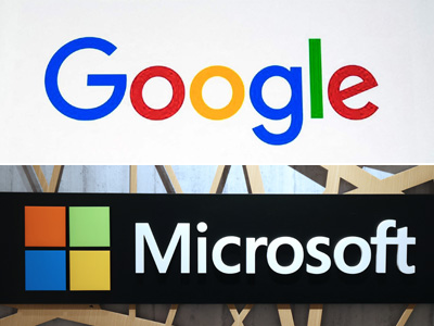 米グーグル（写真上、ＡＦＰ時事）とマイクロソフトのロゴマーク