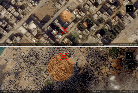 パレスチナ自治区ガザ北部の学校（×印）の校庭に落とされた爆弾の被害想定範囲（写真上）と、周辺に落ちた爆弾の被害想定範囲＝２０２３年１２月６日（〔Ｃ〕Ｐｌａｎｅｔ　Ｌａｂｓ．　分析　渡辺英徳研究室）