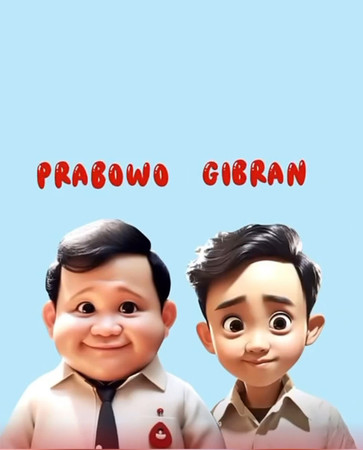インドネシア大統領選に立候補しているプラボウォ国防相（左）と、副大統領候補のギブラン氏の選挙用ＡＩアバター（ギブラン氏のＳＮＳから・時事）