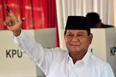 ２０１９年４月のインドネシア大統領選に立候補し、投票を終えた現国防相のプラボウォ氏＝西ジャワ州ボゴール（ＡＦＰ時事）