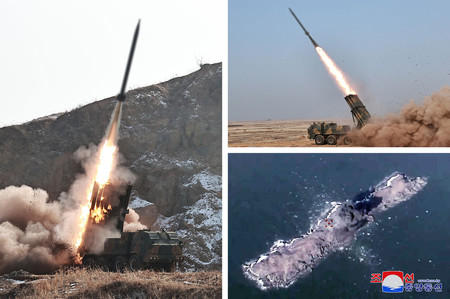 北朝鮮の国防科学院が新たに開発した新型「放射砲（多連装ロケット砲）」。１１日に実験が行われた＝１２日配信（朝鮮通信・時事）
