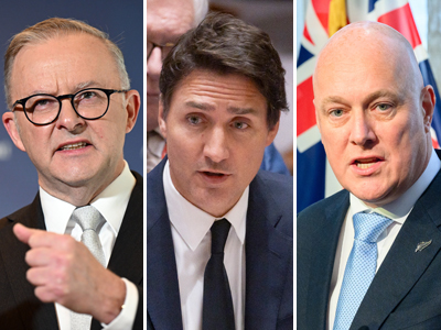 （写真左から）オーストラリアのアルバニージー、カナダのトルドー、ニュージーランドのラクソン各首相（いずれもＥＰＡ時事）