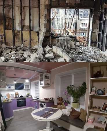 ロシアの攻撃で破壊されたウクライナ東部ドネツク州の港湾都市マリウポリの自宅（写真上）。同下は破壊前（アナスタジア・クラチェクさん提供・時事）