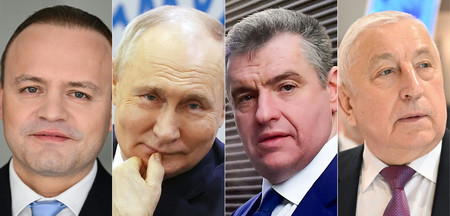 ロシア大統領選に立候補した（左から）ダワンコフ、プーチン、スルツキー、ハリトノフの４氏（ＡＦＰ時事）