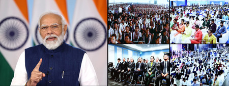 １３日、インド各地で行われた半導体３工場の起工式にオンラインで参加するモディ首相（写真左）（インド政府報道情報局提供）
