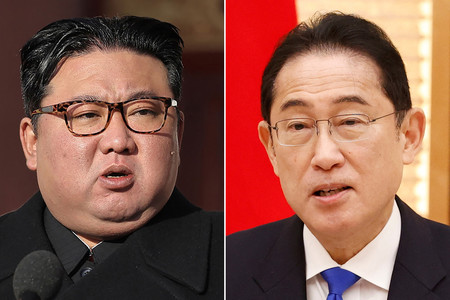 北朝鮮の金正恩朝鮮労働党総書記（左）と岸田文雄首相（ＡＦＰ時事）