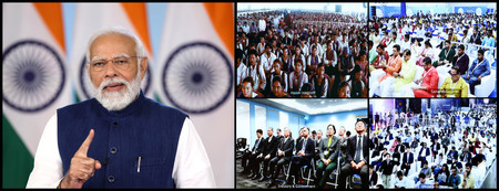 １３日、インド各地などを結びオンラインで行われた半導体３工場の起工式で演説するモディ首相。台湾政府関係者も遠隔で出席した（インド政府報道情報局提供・時事）
