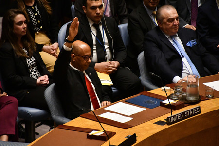 １８日、ニューヨークの国連本部で、パレスチナの国連加盟決議案に拒否権を行使するウッド米国連代理大使（手前左）