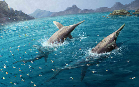 海を泳ぐ新種巨大魚竜の想像図。英国で約２億２００万年前の顎の化石が見つかった（英マンチェスター大提供）