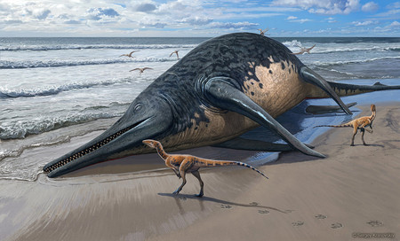 海岸に打ち上げられた新種巨大魚竜（画像奥）の想像図。英国で約２億２００万年前の顎の化石が見つかった（英マンチェスター大提供）