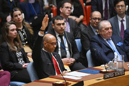 ニューヨークの国連本部で、パレスチナの国連加盟決議案に拒否権を行使するウッド米国連代理大使＝１８日（ＡＦＰ時事）