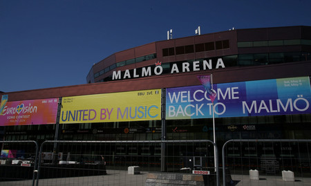 欧州最大の音楽祭「ユーロビジョン・ソング・コンテスト」の会場＝２日、スウェーデン南部マルメ（ロイター時事）