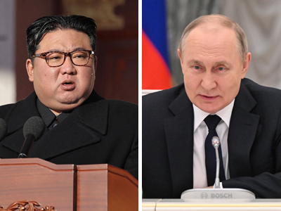 北朝鮮の金正恩朝鮮労働党総書記（写真左、ＡＦＰ時事）とロシアのプーチン大統領（ＥＰＡ時事）