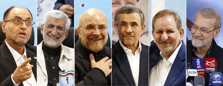 イラン大統領選の立候補を届け出た有力候補ら。左からハガニアン氏、ジャリリ氏、ガリバフ氏、アハマディネジャド氏、ジャハンギリ氏、ラリジャニ氏（ＥＰＡ時事）