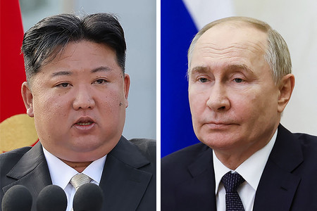 北朝鮮の金正恩朝鮮労働党総書記（左）とロシアのプーチン大統領（ＡＦＰ時事）