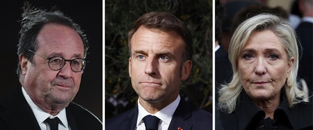 左から、フランス国民議会（下院）選の左派統一候補オランド前大統領、マクロン大統領、極右野党「国民連合」のルペン前党首（ＡＦＰ時事）