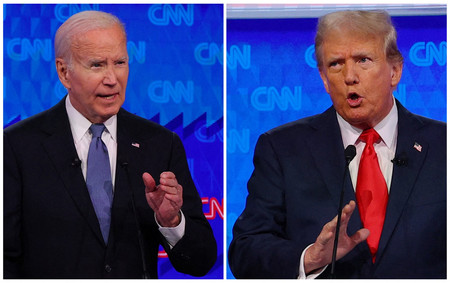 ２７日、米ジョージア州アトランタで開かれた大統領選討論会で発言する民主党のバイデン大統領（左）と、共和党のトランプ前大統領（ロイター時事）
