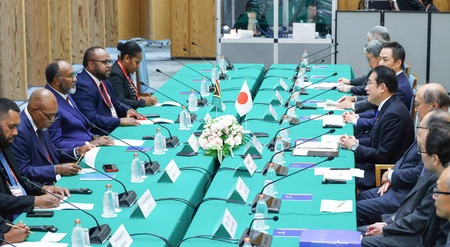 バヌアツのサルワイ首相（左手前から３人目）と会談する岸田文雄首相（右手前から５人目）＝１６日午後、首相官邸
