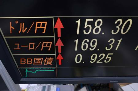 円相場を示すモニター＝２０２４年４月２７日、東京都中央区