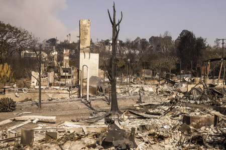 ９日、米西部カリフォルニア州ロサンゼルス近郊の山火事で焼け落ちた住宅（ＥＰＡ時事）