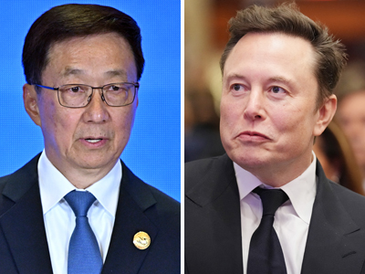 中国の韓正国家副主席（写真左、ＥＰＡ時事）と米実業家イーロン・マスク氏（ＡＦＰ時事）